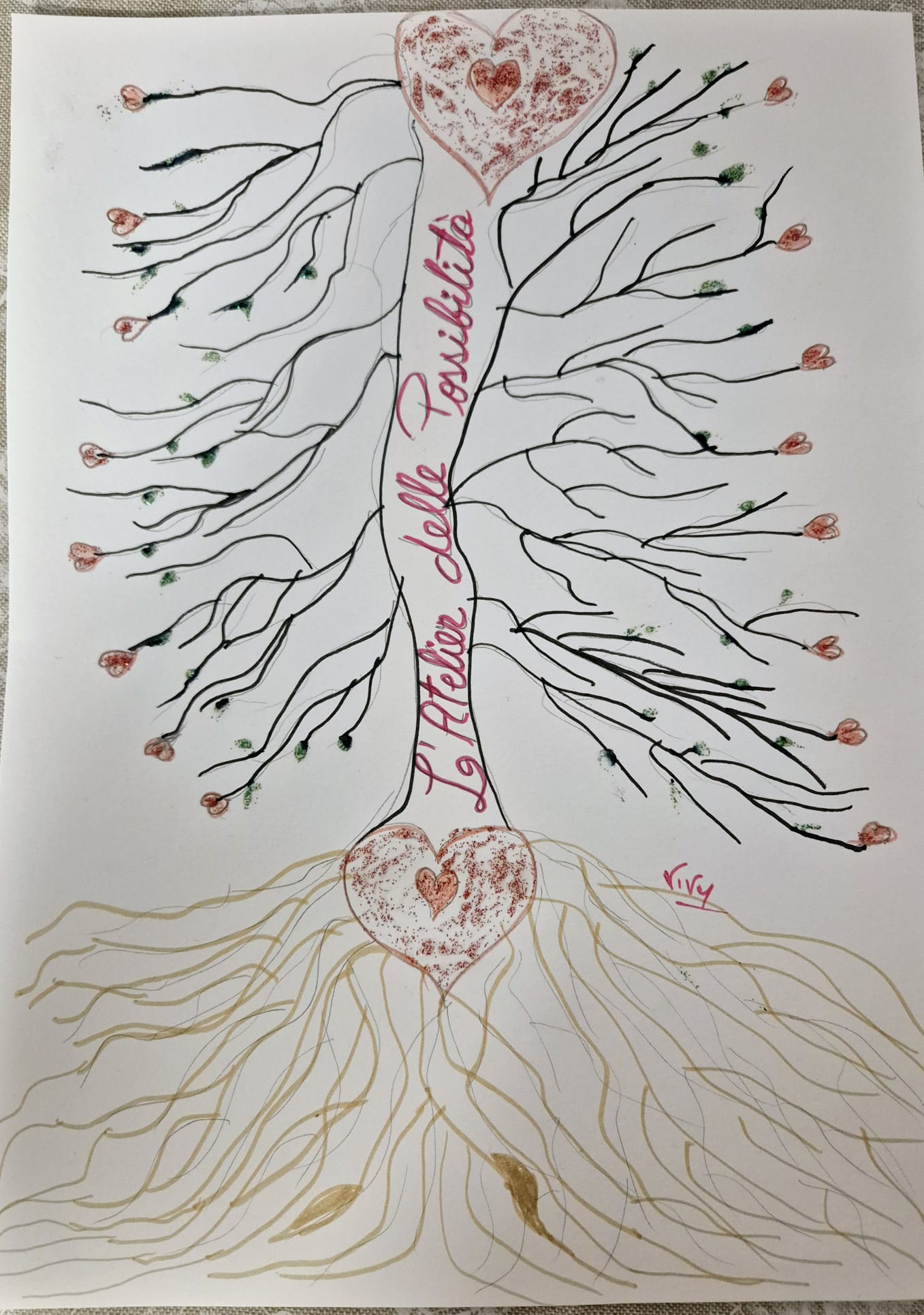 Un meraviglioso disegno che simboleggia la crescita e le connessioni positive, con un albero dalle radici profonde e fiori a forma di cuore, rappresentando le possibilità infinite di essere felici.